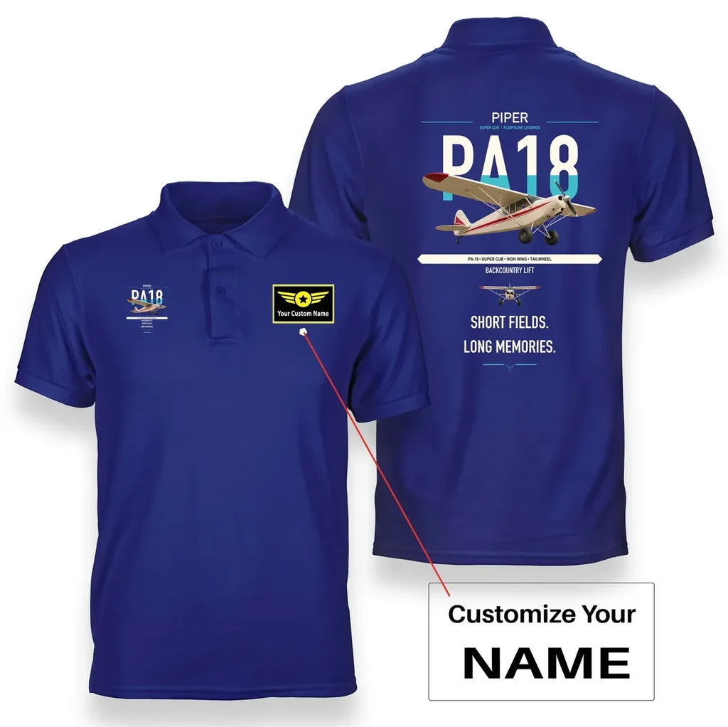 Piper PA-18 Super Cub design on blue+name double-side polo t-shirt, double-side print