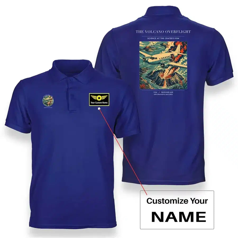 VINTAGE G4206 - The Volcano Overflight - Double-Side Polo T-Shirt design on blue+name
