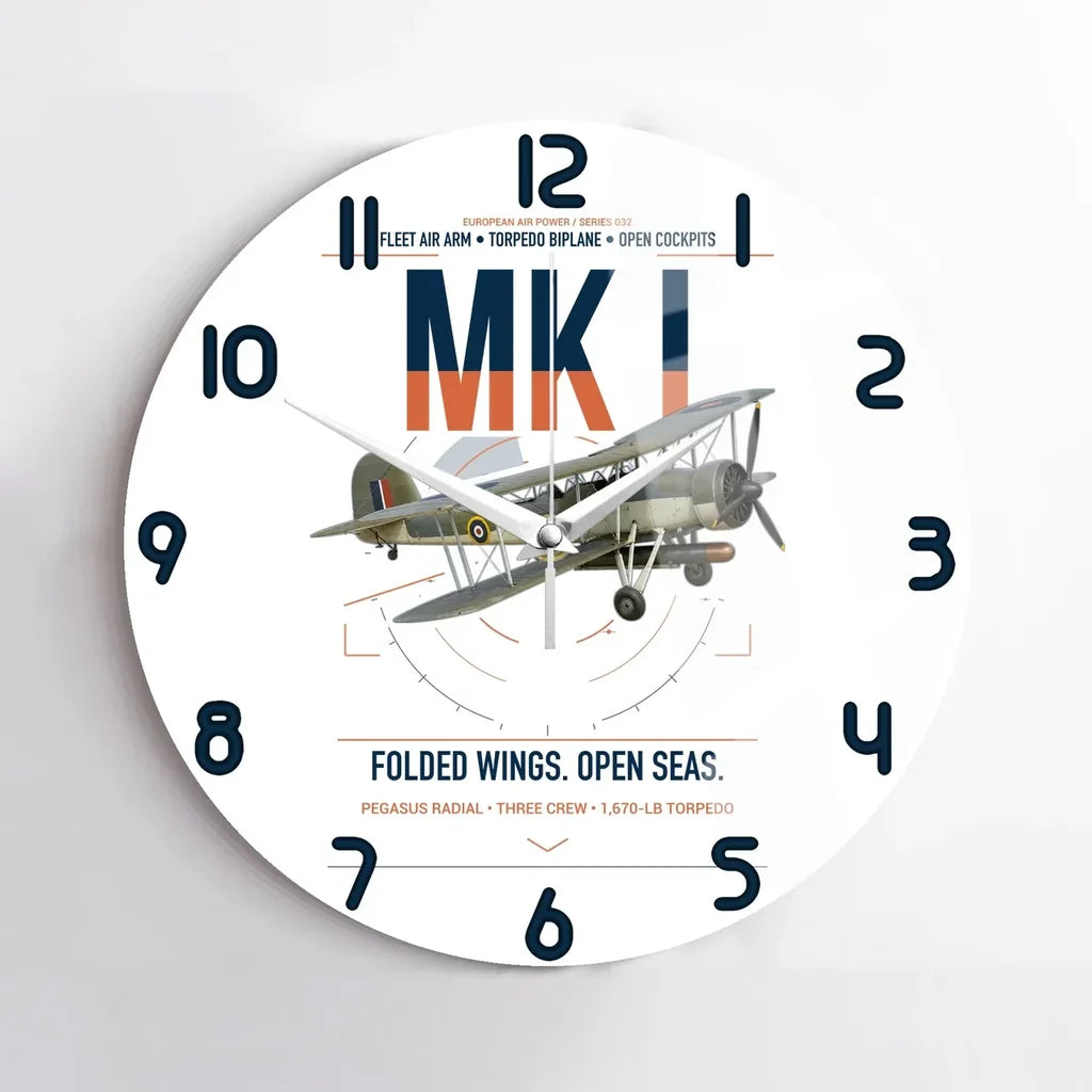 Fairey Swordfish Mk I design on white no frame wall clock