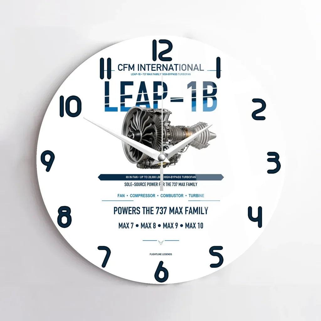 CFM LEAP-1B design on white no frame wall clock