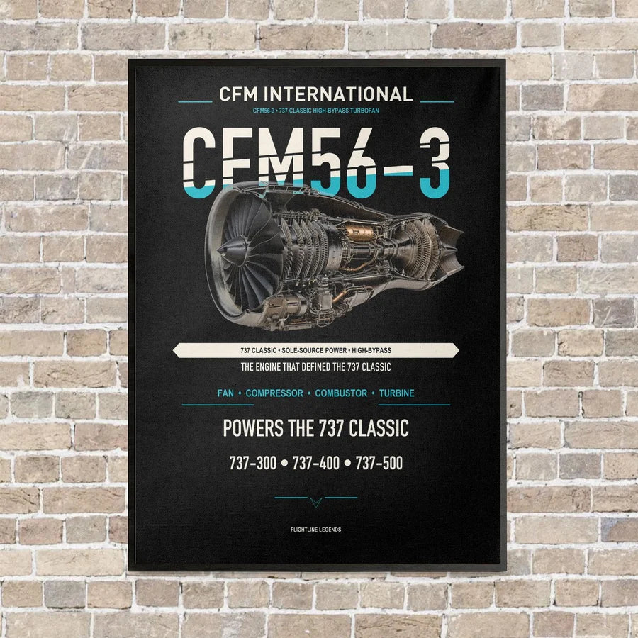 CFM56-3 vertical canvas print - framed - black background