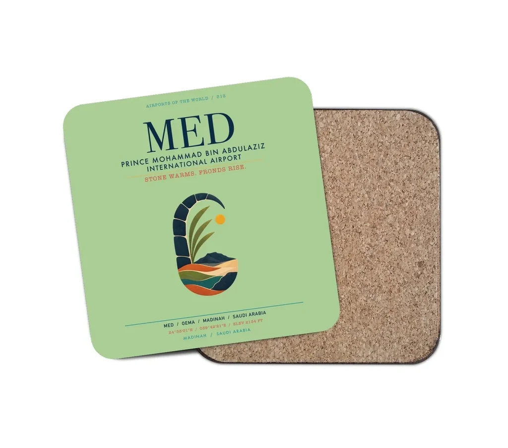 Prince Mohammad Bin Abdulaziz International Airport (MED) design on light green 1 piece coaster