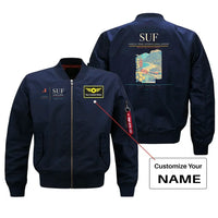 Thumbnail for Lamezia Terme International Airport (SUF) design on blue bomber jacket with custom name patch