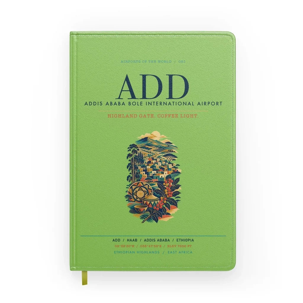 Addis Ababa Bole International Airport (ADD) design on light green notebook