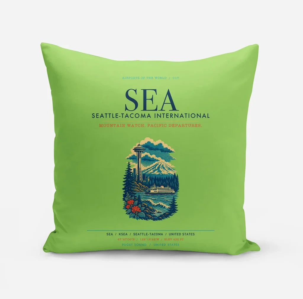 Seattle-Tacoma International Airport (SEA) design on light green pillow