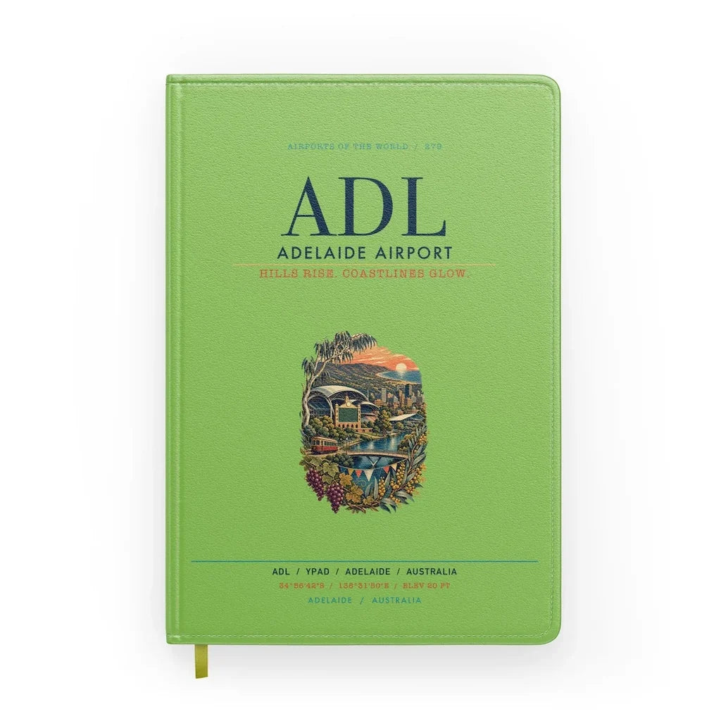 Adelaide Airport (ADL) design on light green notebook