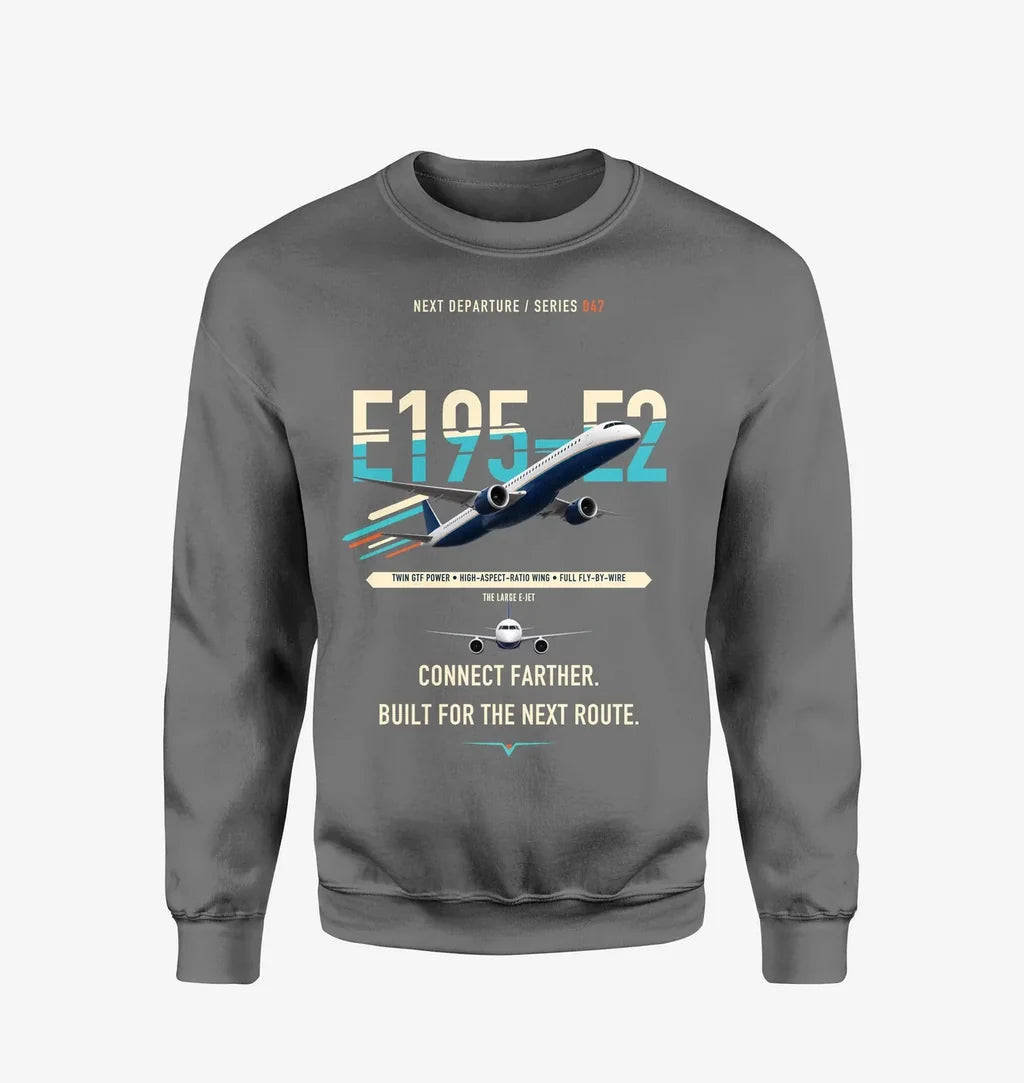 Embraer E195-E2 design on gray sweatshirt