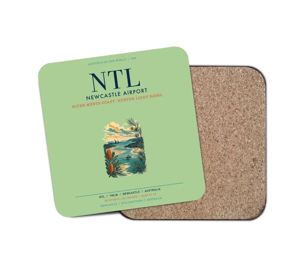 Newcastle Airport (NTL) design on light green 1 piece coaster