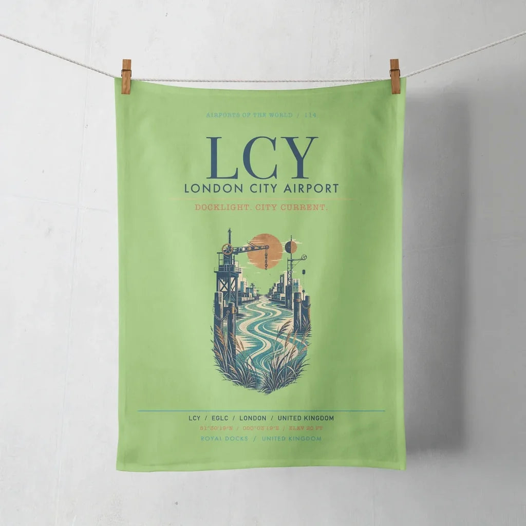 London City Airport (LCY) design on light green towel