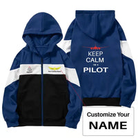 Thumbnail for Pilot (777 Silhouette) Zipped Hoodie - Colourful - Dark Blue + Name (Customizable)