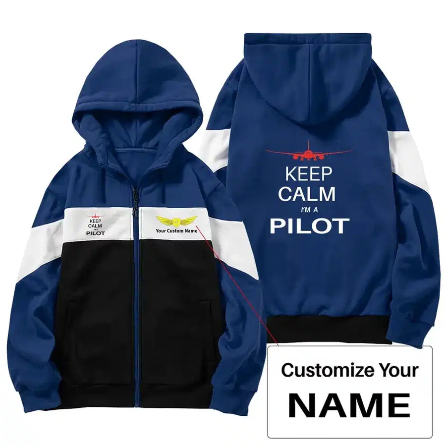 Pilot (777 Silhouette) Zipped Hoodie - Colourful - Dark Blue + Name (Customizable)