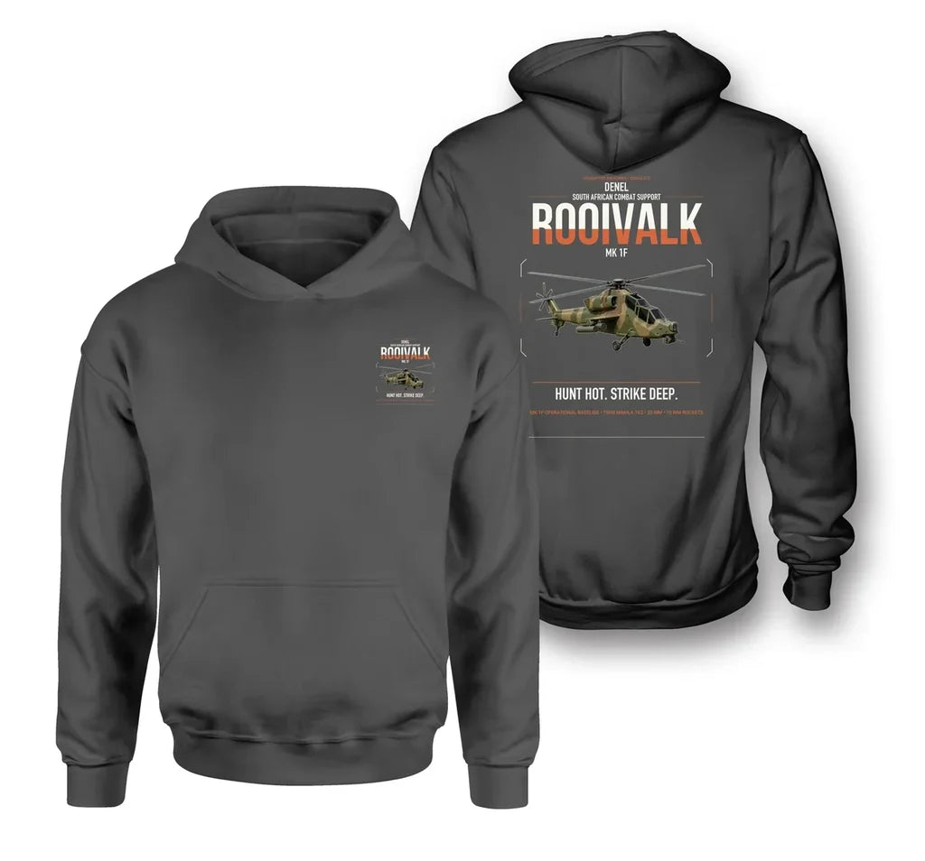 Denel Rooivalk Mk 1F design on dark gray double-side hoodie, double-side print