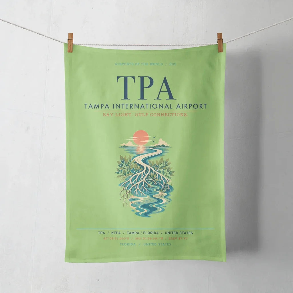 Tampa International Airport (TPA) design on light green towel