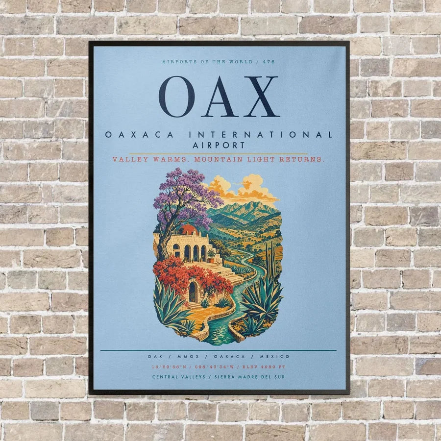 Oaxaca International Airport OAX vertical canvas print - framed - light blue background
