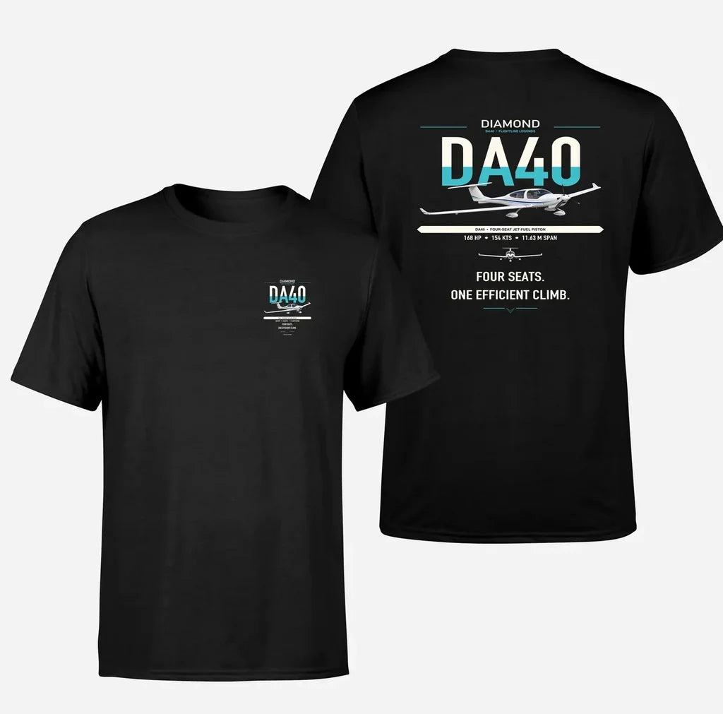 Diamond DA40 design on black t-shirt, double-side print