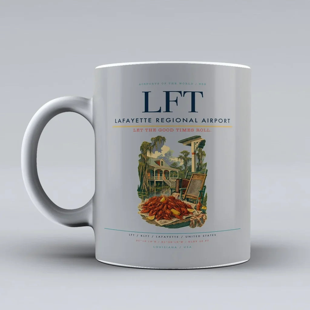 Lafayette Regional Airport (LFT) airport code design on light gray ceramic mug