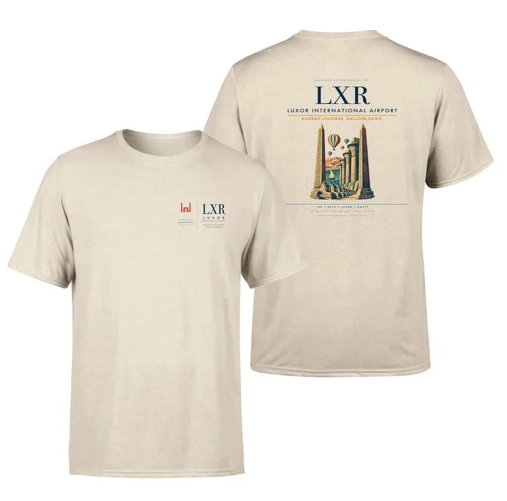 Luxor International Airport (LXR) design printed on beige double-side t-shirt