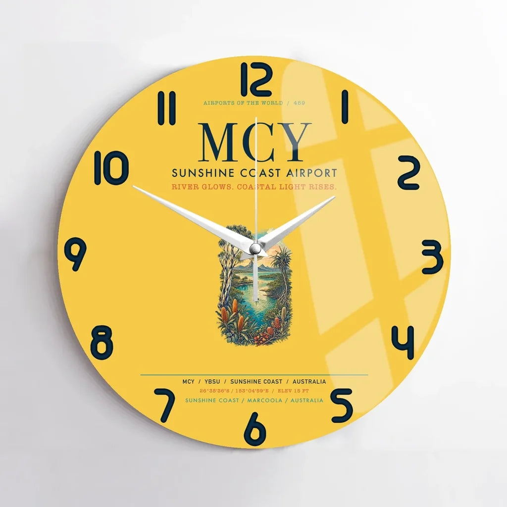 Sunshine Coast Airport (MCY) design on yellow no frame wall clock