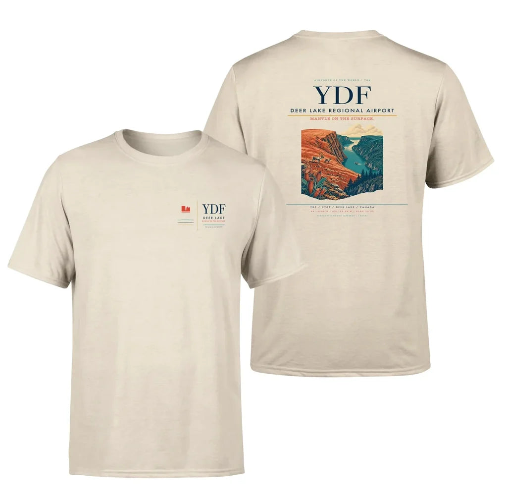Deer Lake Regional Airport (YDF) design printed on beige double-side t-shirt