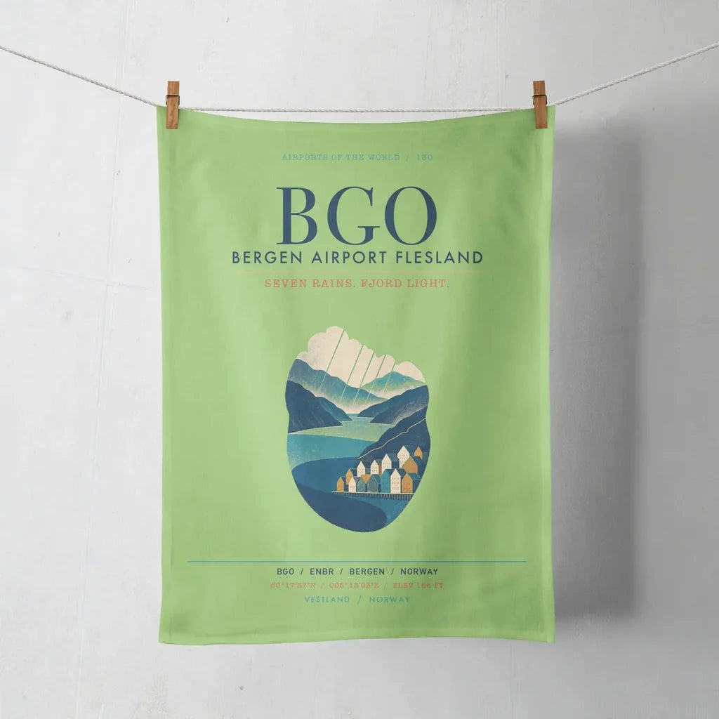 Bergen Airport Flesland (BGO) design on light green towel