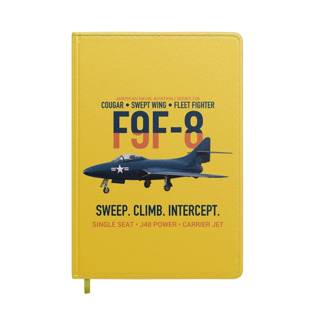 F9F-8 Cougar Swept Wing Carrier Fighter design on yellow notebook