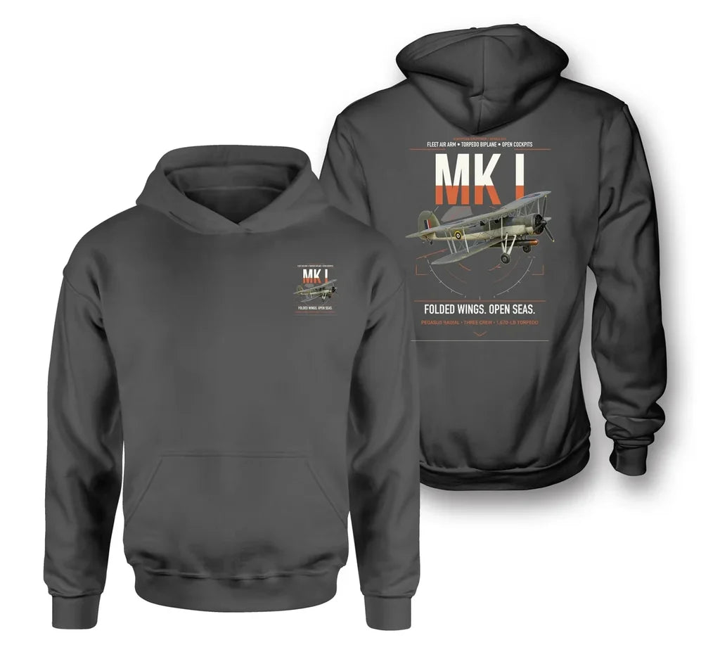 Fairey Swordfish Mk I design on dark gray double-side hoodie, double-side print