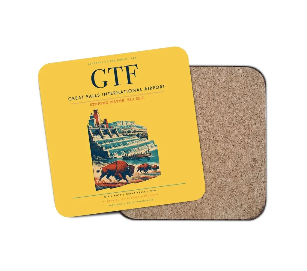 Great Falls International Airport (GTF) design on yellow 1 piece coaster