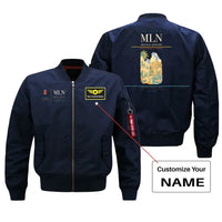 Thumbnail for Melilla Airport (MLN) design on blue bomber jacket with custom name patch