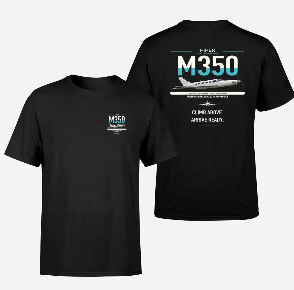 Piper M350 design on black t-shirt, double-side print