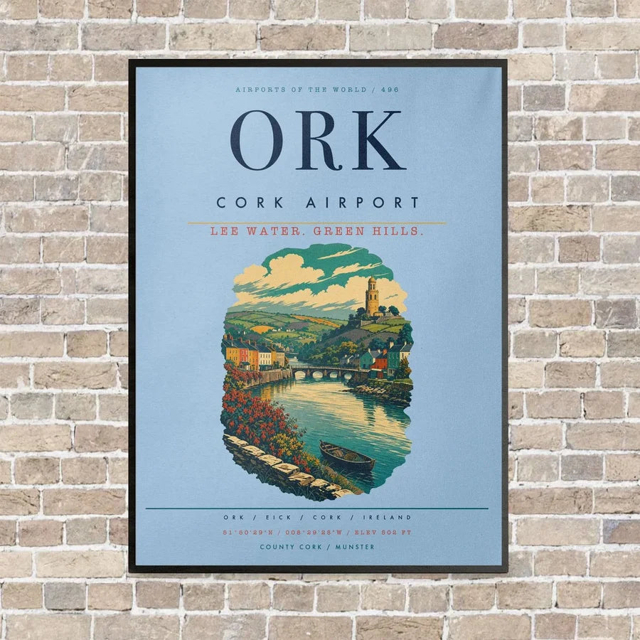 Cork Airport ORK vertical canvas print - framed - light blue background