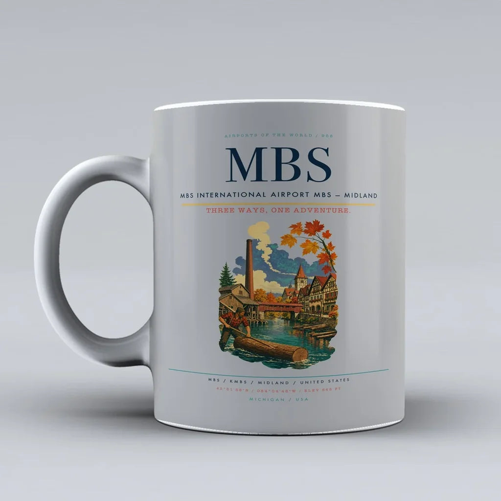 MBS International Airport (MBS) airport code design on light gray ceramic mug