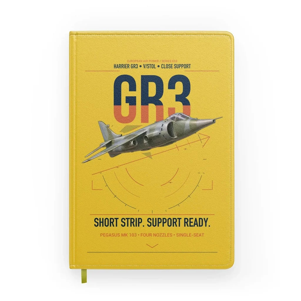 Hawker Siddeley Harrier GR3 design on yellow notebook