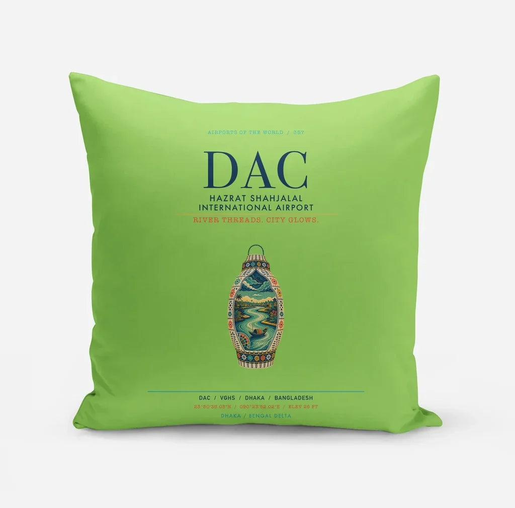 Hazrat Shahjalal International Airport Dhaka (DAC) design on light green pillow