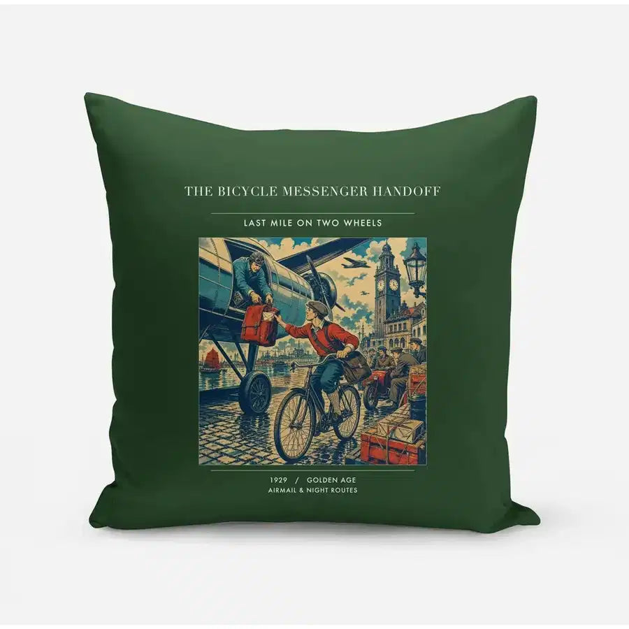VINTAGE G4311 - The Bicycle Messenger Handoff - Designed Pillows design on darkgreen