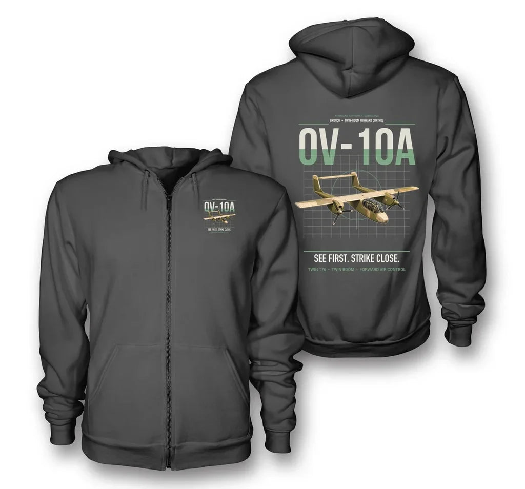 OV-10A Bronco design on dark gray premium zipped hoodie