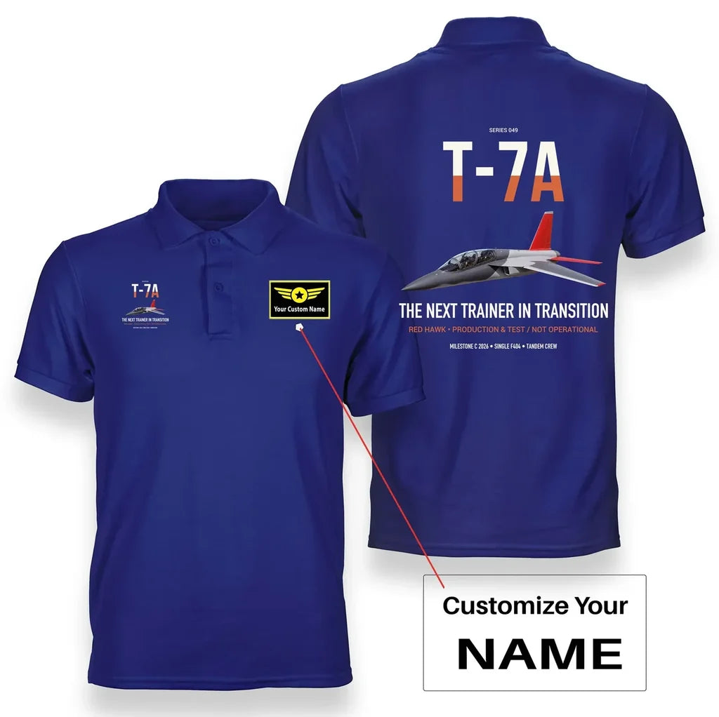 T-7A Red Hawk design on blue+name double-side polo t-shirt, double-side print