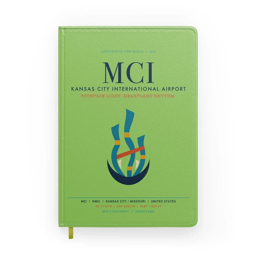 Kansas City International Airport (MCI) design on light green notebook