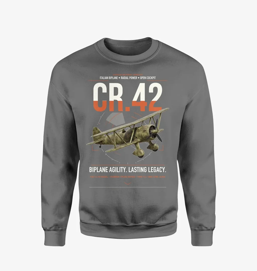Fiat CR.42 Falco design on gray sweatshirt