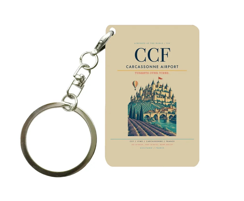 Carcassonne Airport (CCF) design on beige key chain