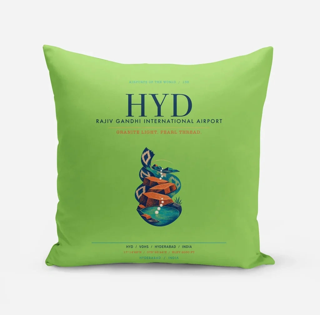 Rajiv Gandhi International Airport Hyderabad (HYD) design on light green pillow