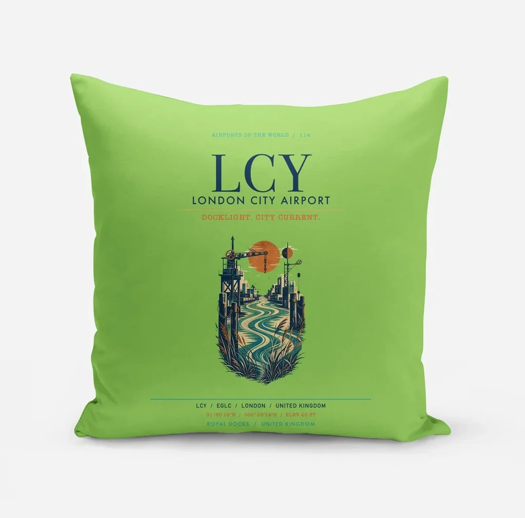 London City Airport (LCY) design on light green pillow