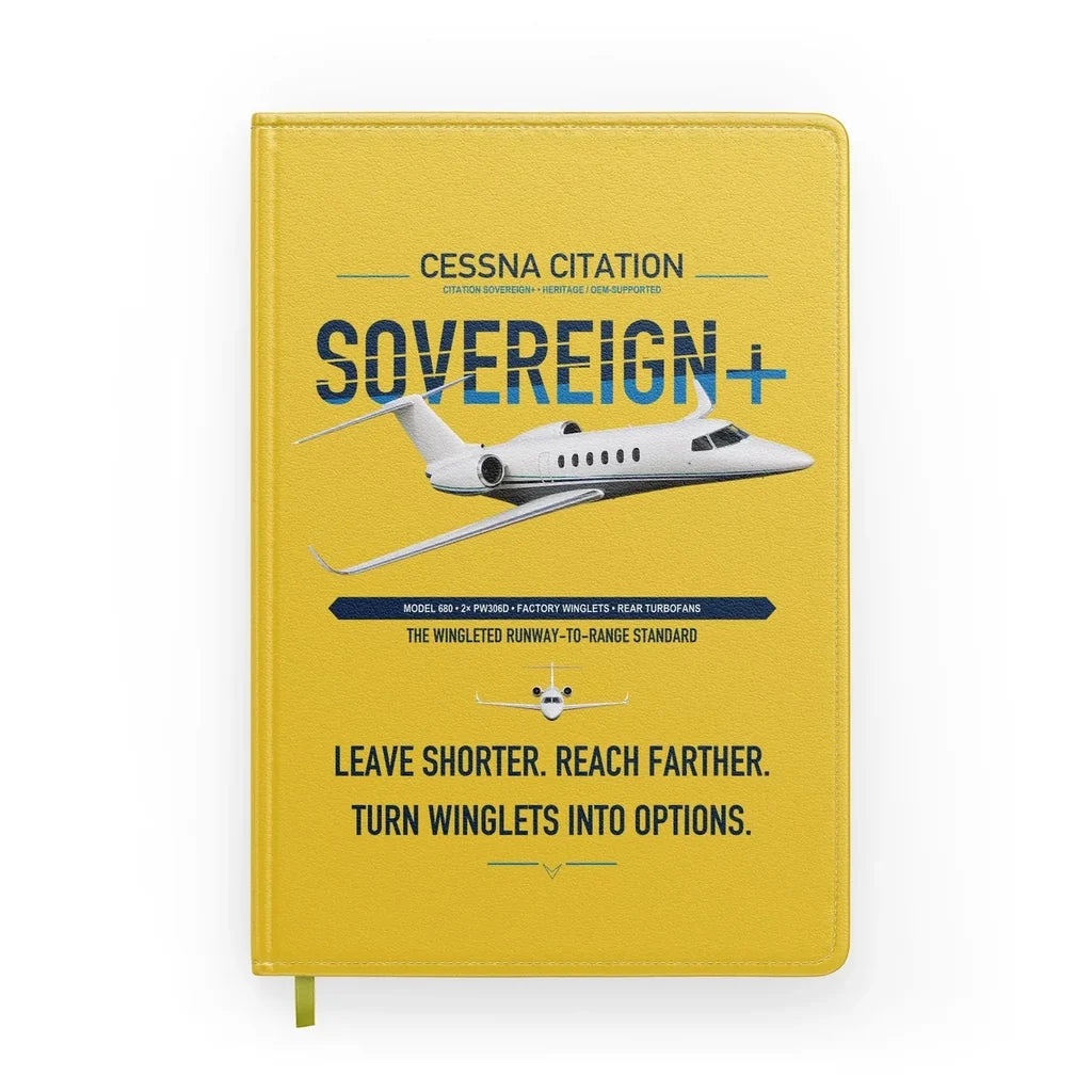 Cessna Citation Sovereign+ design on yellow notebook