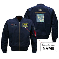 Thumbnail for Idaho Falls Regional Airport (IDA) design on blue bomber jacket with custom name patch