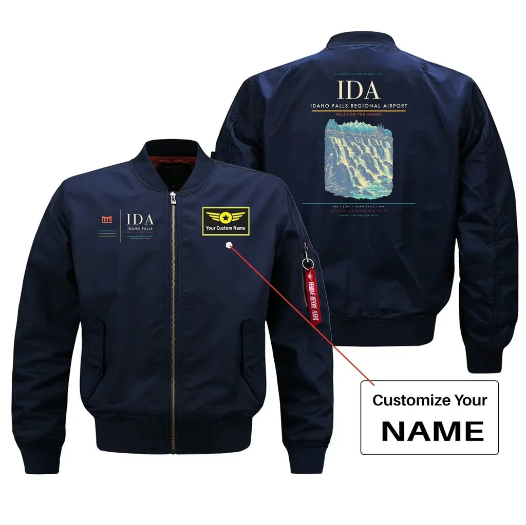 Idaho Falls Regional Airport (IDA) design on blue bomber jacket with custom name patch