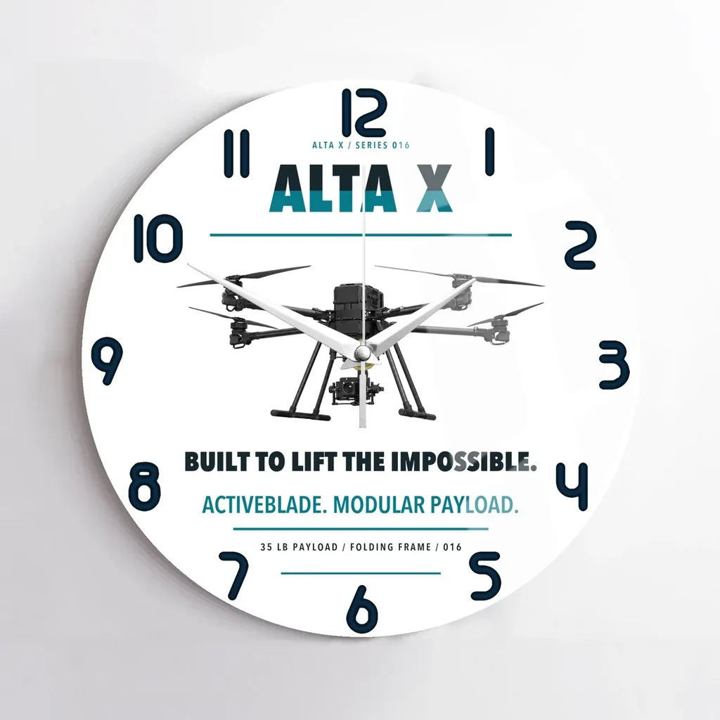 Freefly Alta X design on white no frame wall clock