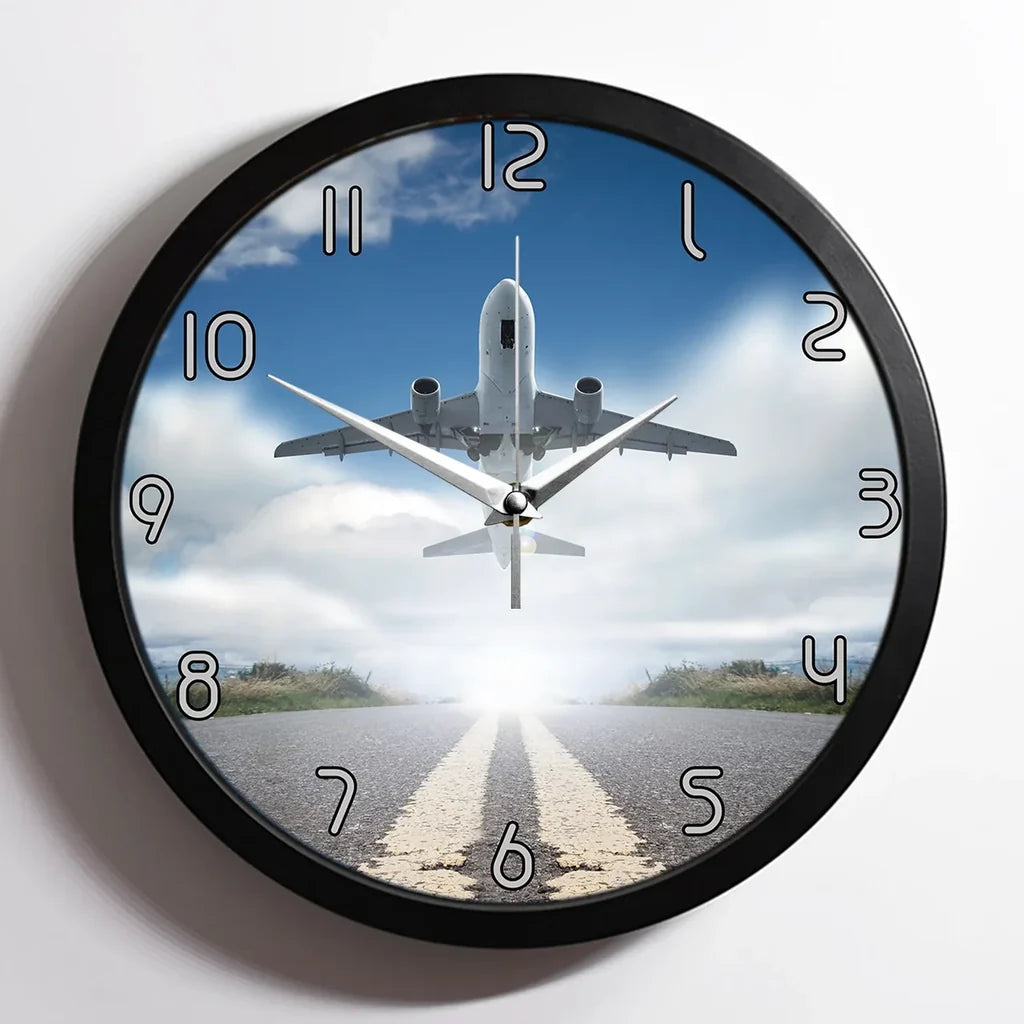 Taking Off aviation design on premium wood and metal wall clock.