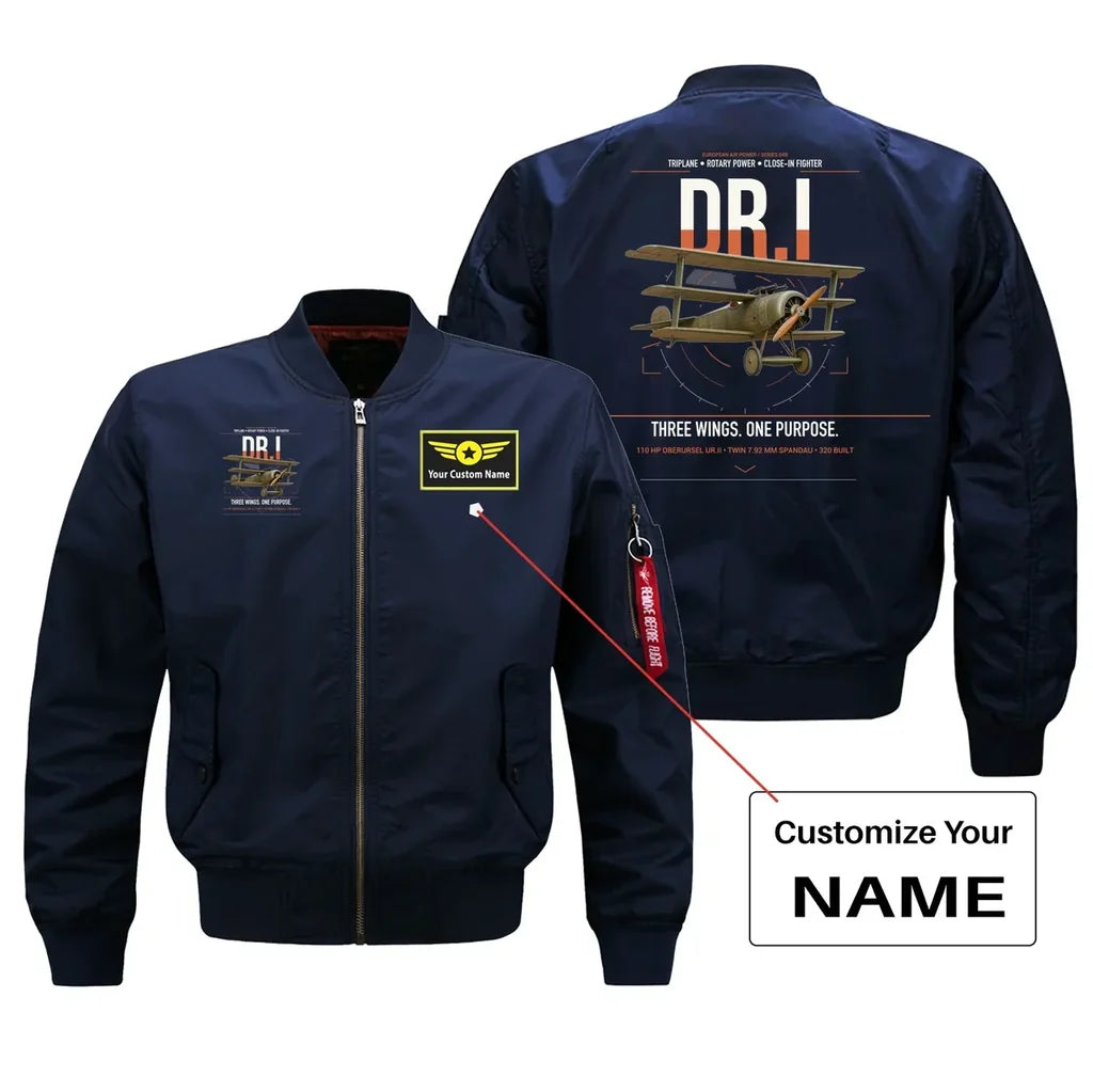 Fokker Dr.I design on blue+name bomber jacket, double-side print
