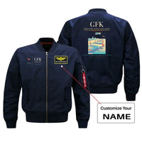 Thumbnail for Grand Forks International Airport (GFK) design on blue bomber jacket with custom name patch