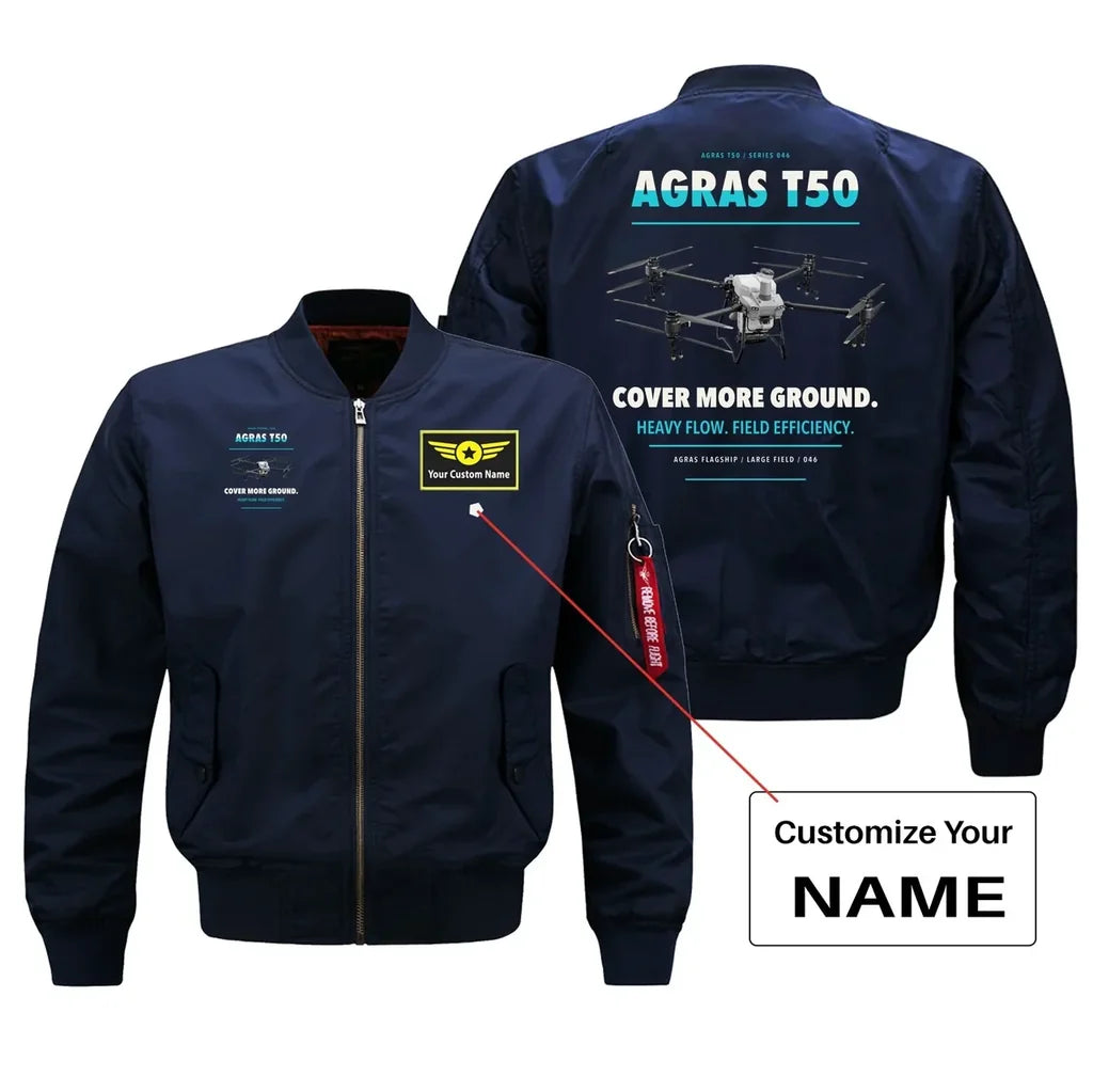 DJI Agras T50 design on blue bomber with custom name badge