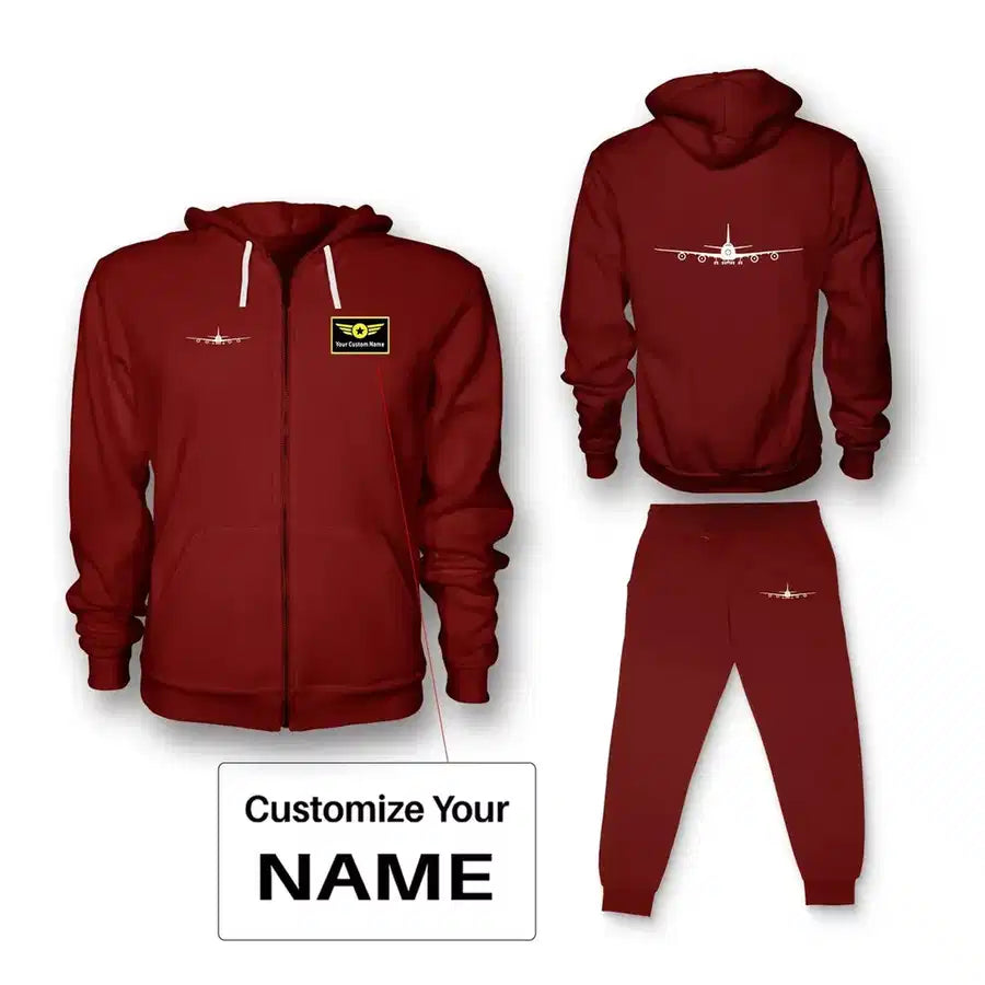 Boeing 747 Silhouette Zipped Hoodie - Red + Name (Customizable)